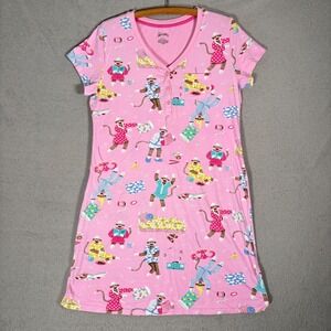 Nick & Nora‎ Nightgown Womens Size L Sock Monkey Pajama Party Pillow Fight Pink